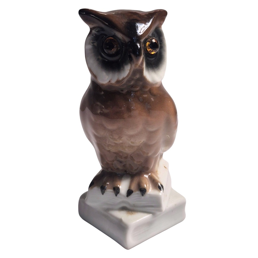 Vintage Ceramic Owl on Books Figurine‎ Brown Wise Owl Statue Decor 4"